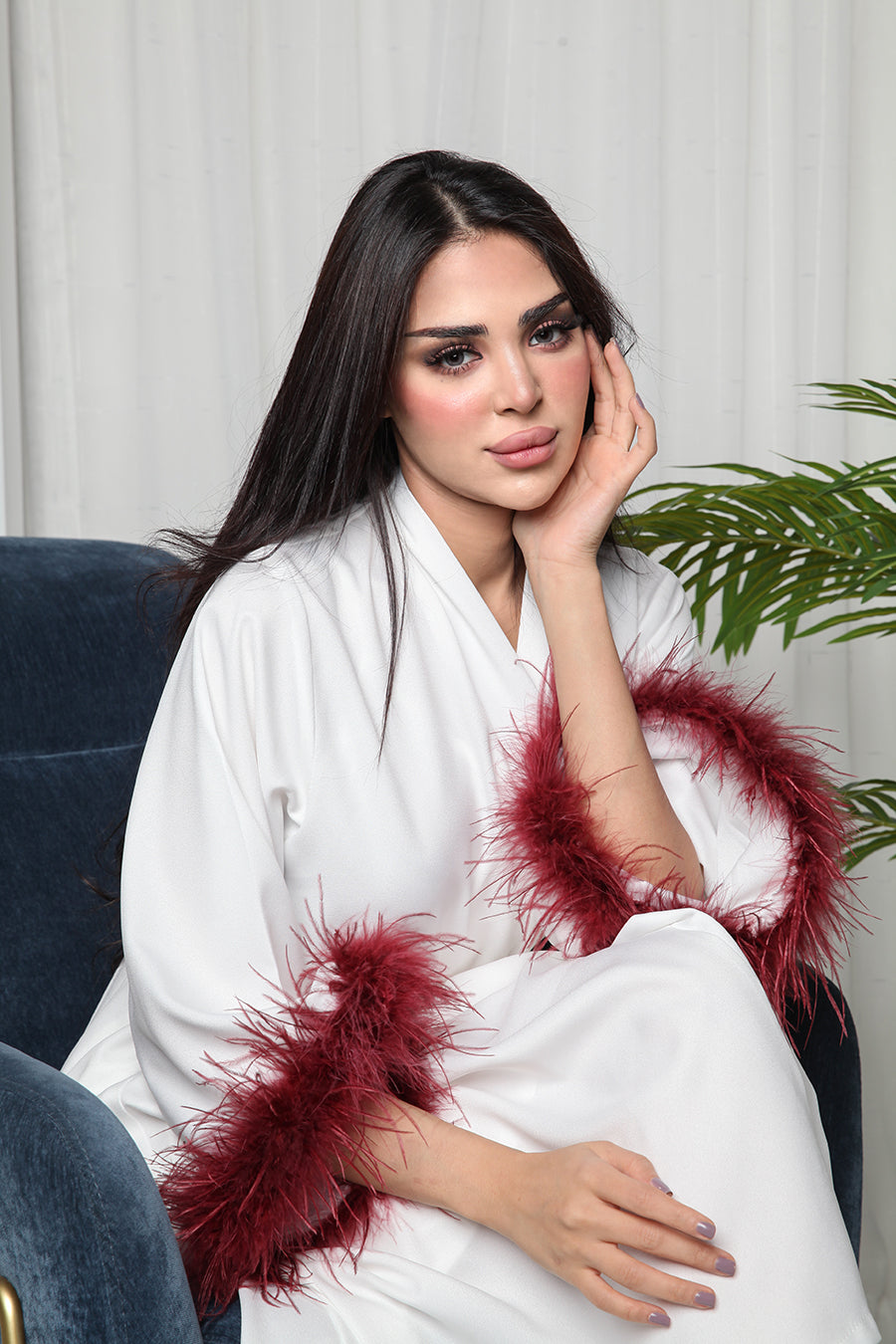 Vibrant Burgundy-Feather Bridal Robe