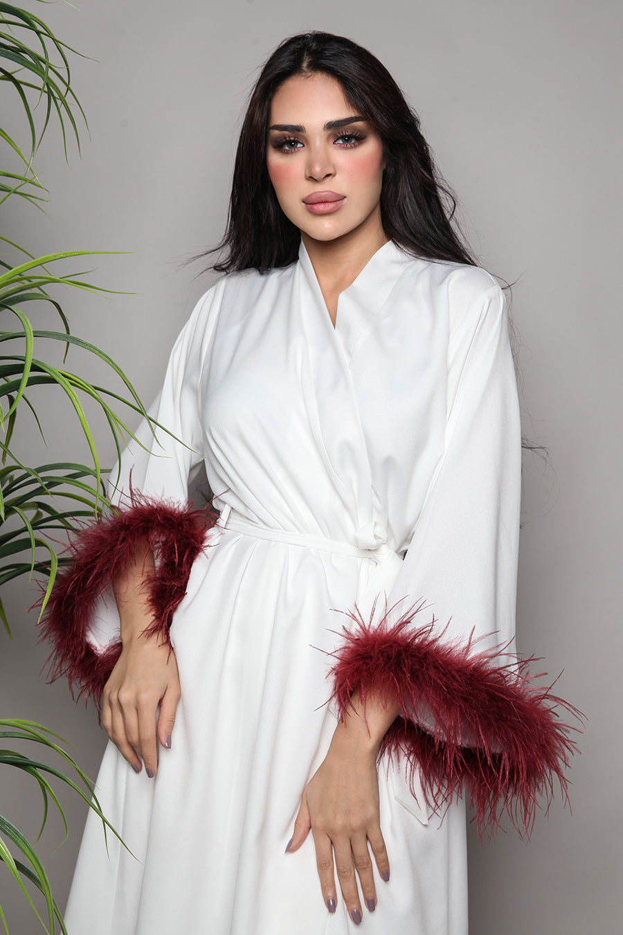 Vibrant Burgundy-Feather Bridal Robe