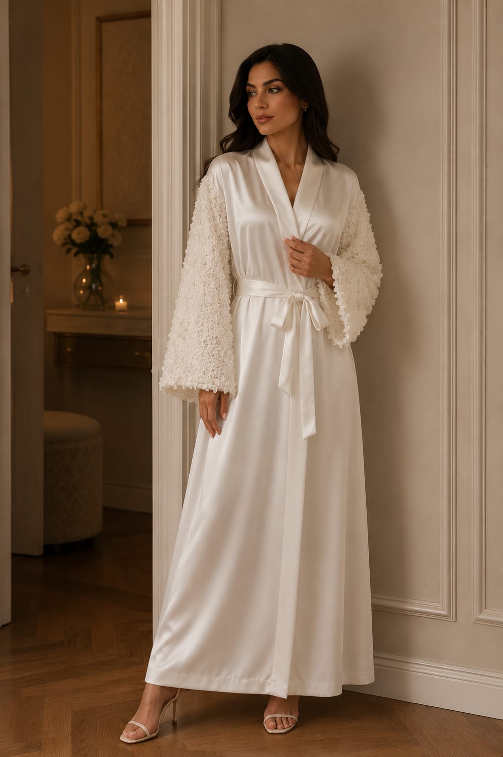 Elegant White Satin Bridal Robe with Textured Floral Sleeves & Sash