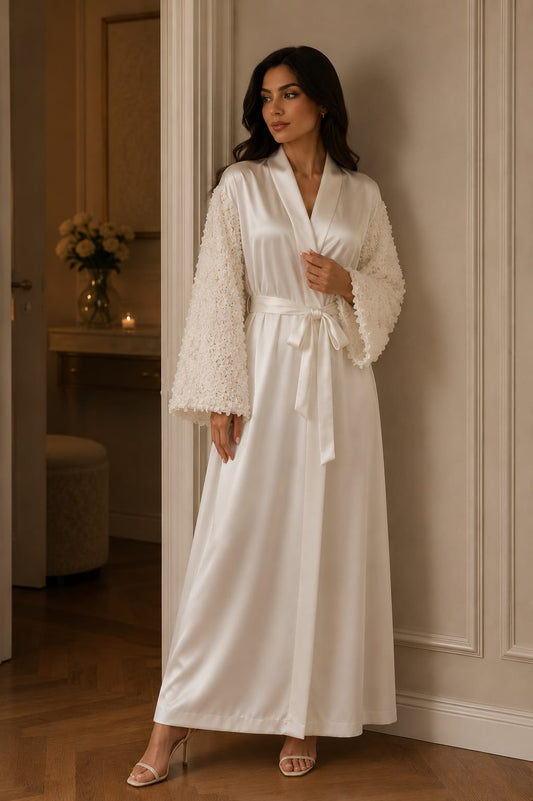 Elegant White Satin Bridal Robe with Textured Floral Sleeves & Sash