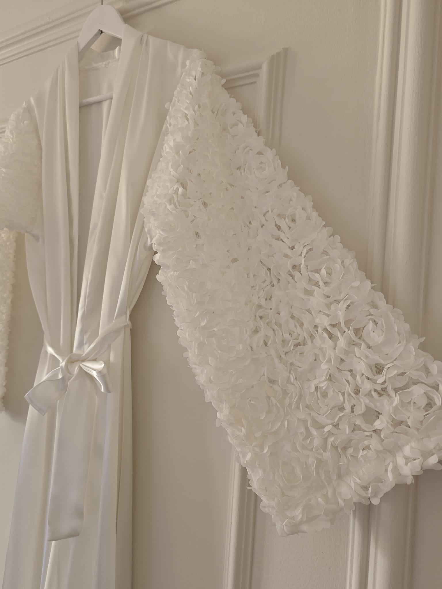 Elegant White Satin Bridal Robe with Textured Floral Sleeves & Sash