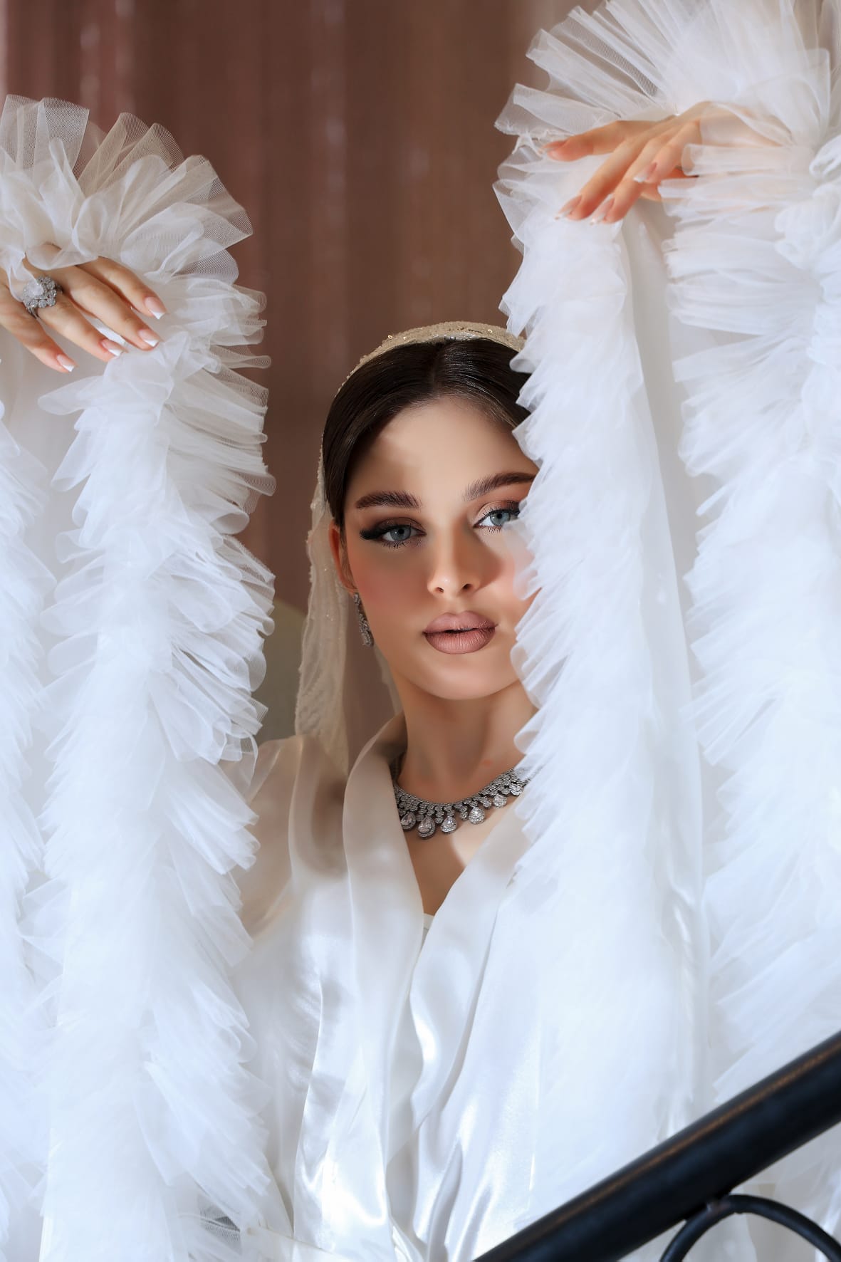 Glamorous Satin Bridal Robe with Tulle Ruffle Trim & Beaded Veil