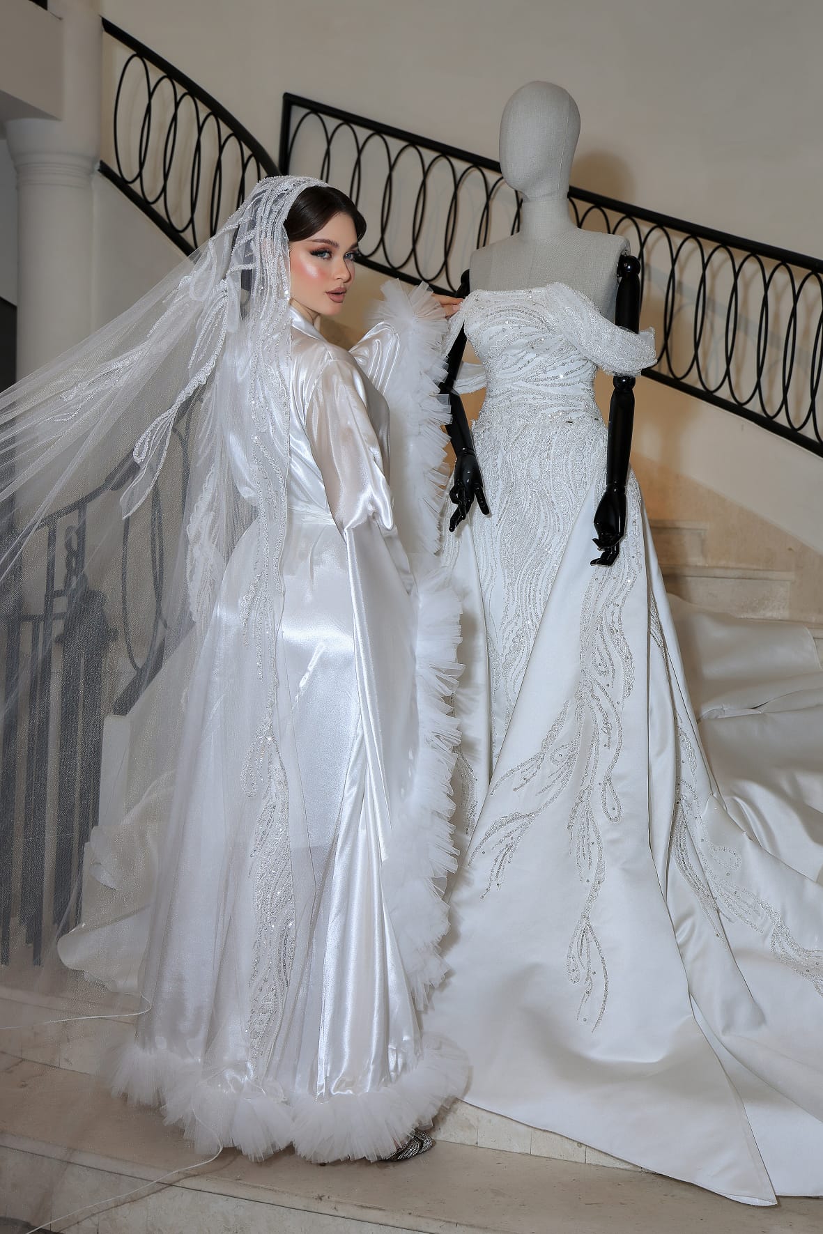 Glamorous Satin Bridal Robe with Tulle Ruffle Trim & Beaded Veil