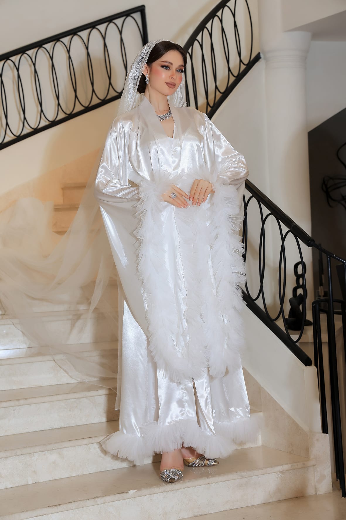 Glamorous Satin Bridal Robe with Tulle Ruffle Trim & Beaded Veil