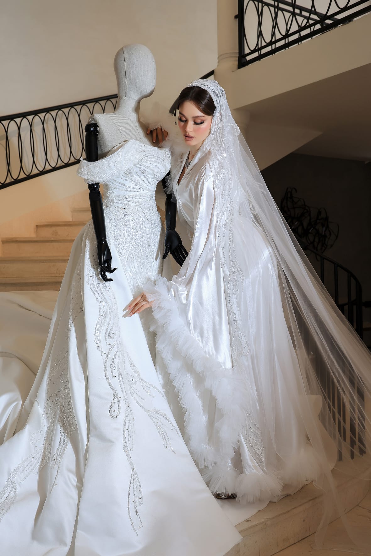 Glamorous Satin Bridal Robe with Tulle Ruffle Trim & Beaded Veil